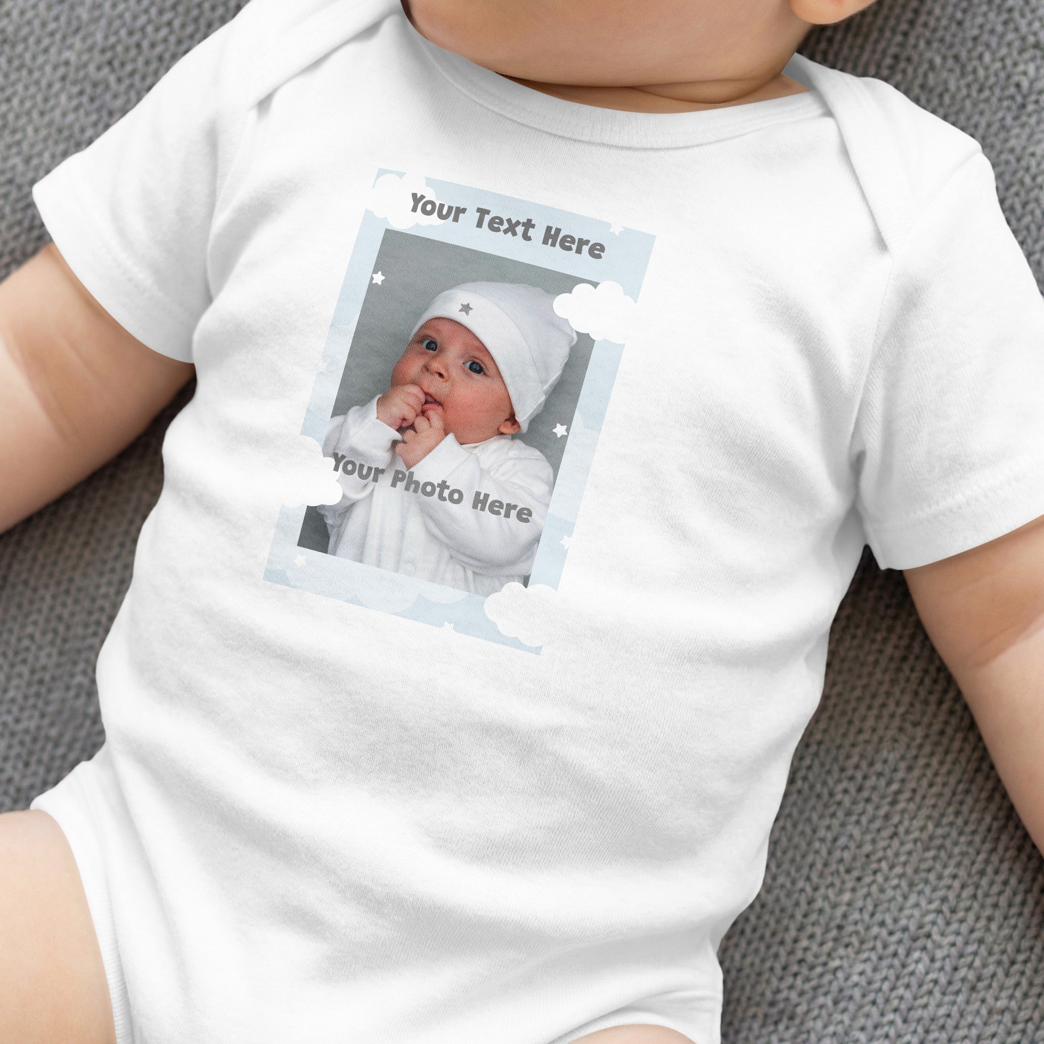 White baby bodysuit with personalized photo frame design, "Your Text Here" and "Your Photo Here" text.