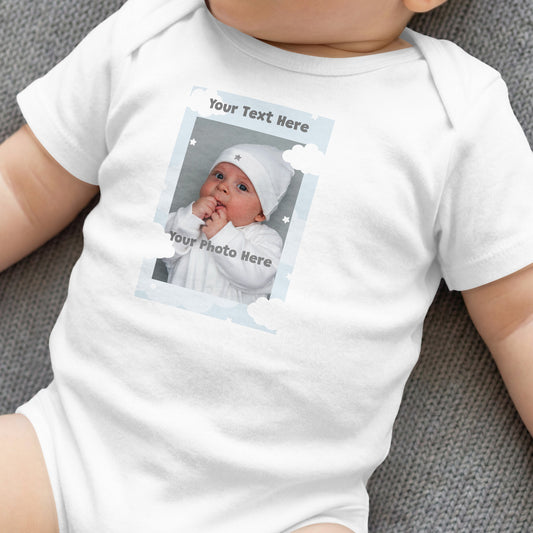 White baby bodysuit with personalized photo frame design, "Your Text Here" and "Your Photo Here" text.