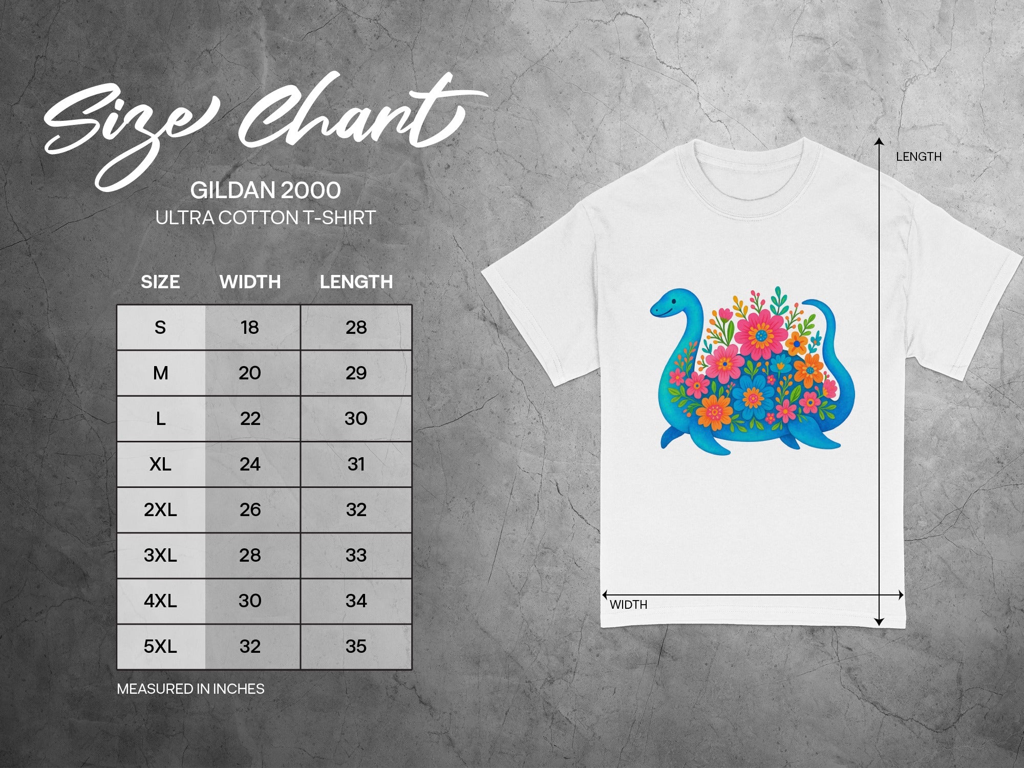 Gildan 2000 Ultra Cotton T-shirt size chart with measurements in inches.