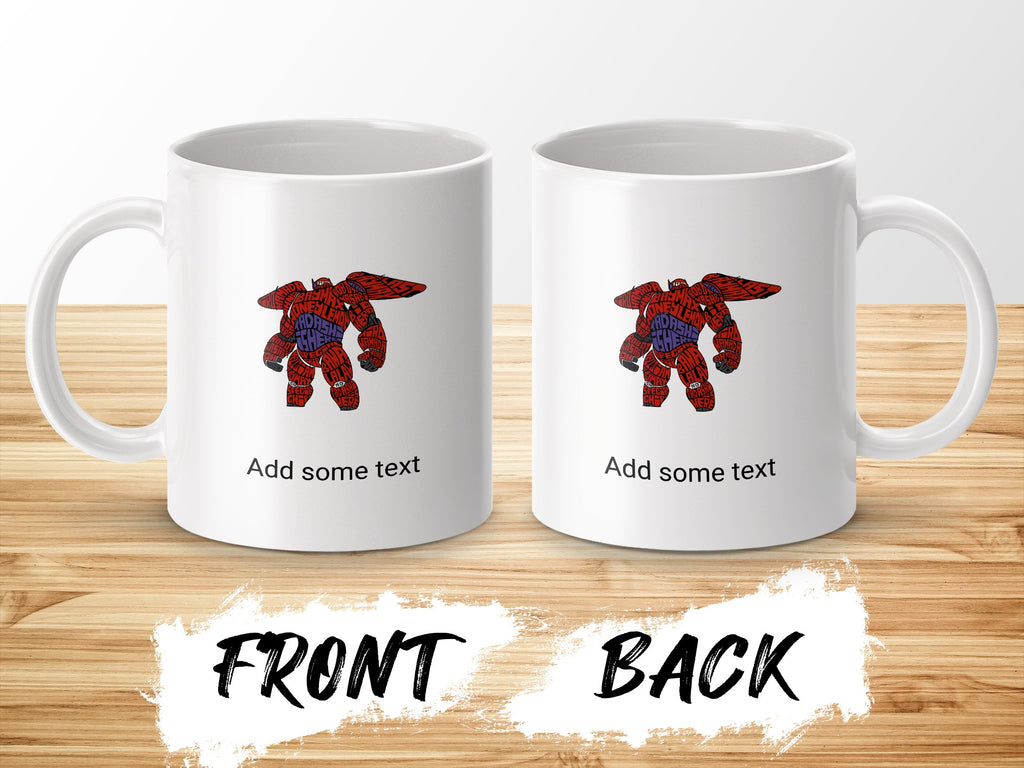 Two white mugs with a red robot graphic and "Add some text".