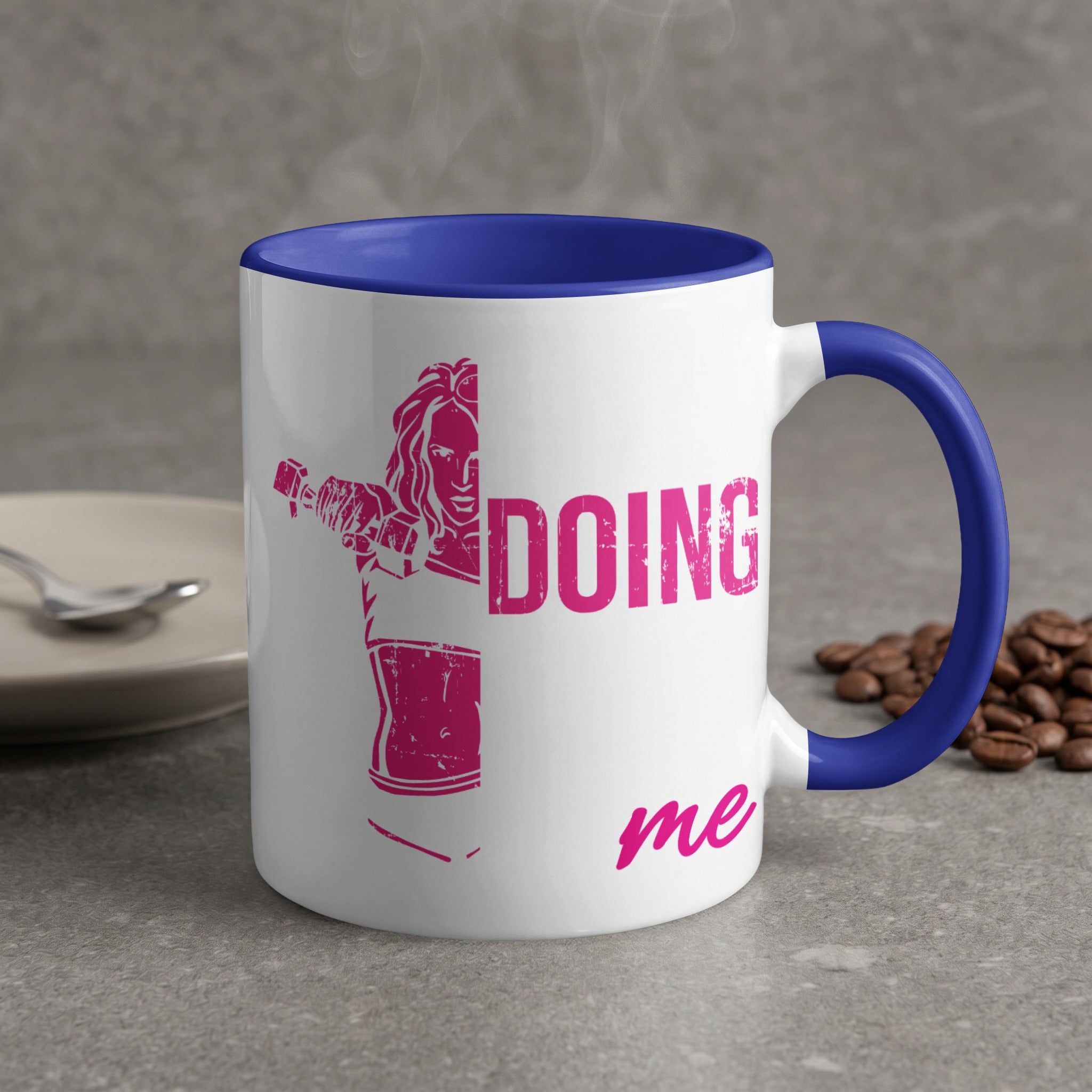 White mug with blue handle, "DOING me" text and woman silhouette.