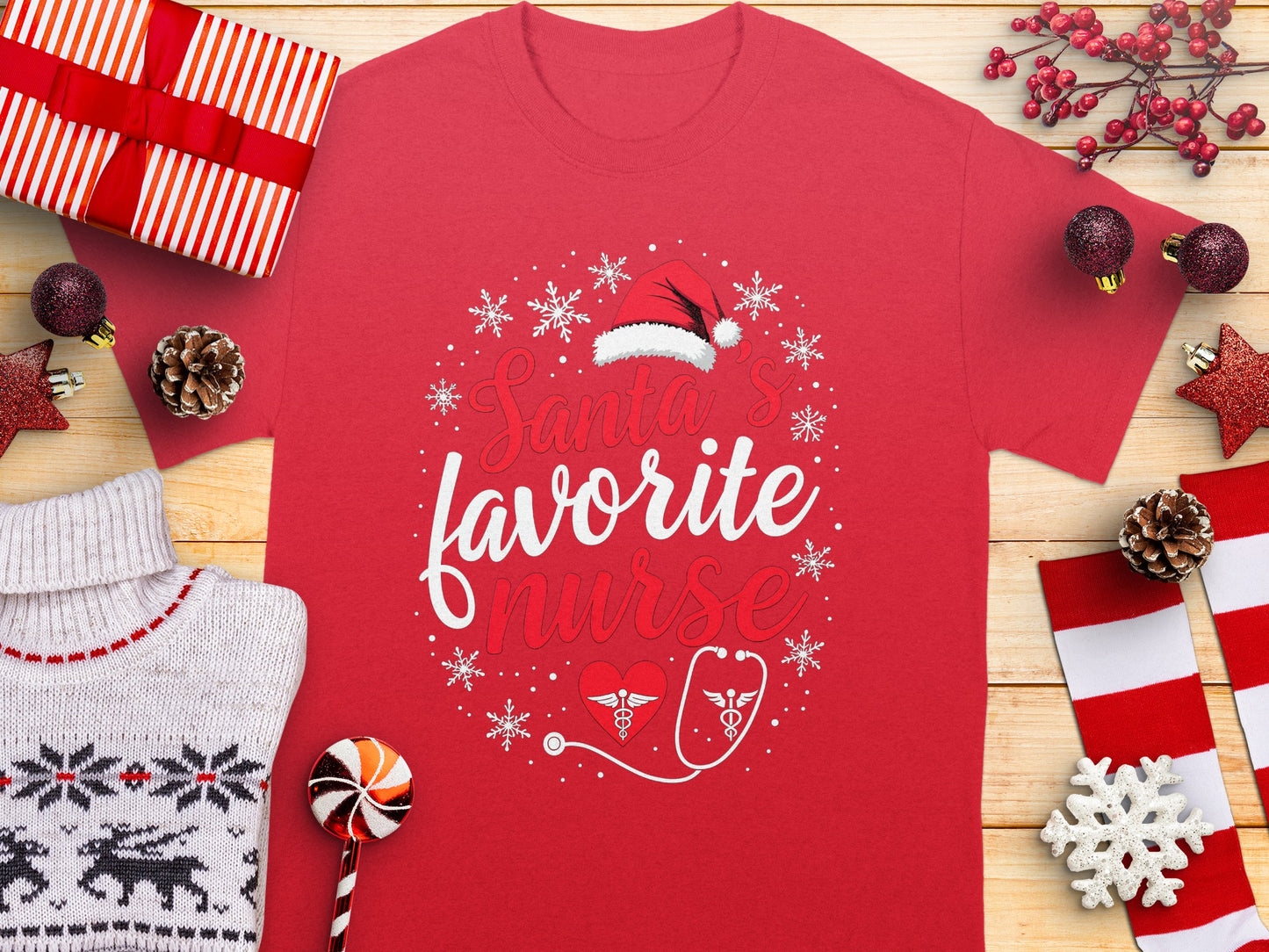 Santa's Favorite Nurse Christmas Themed Shirt