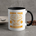 White mug with orange text and graphic: "CHASE YOUR FITNESS GOALS RELENTLESSLY".
