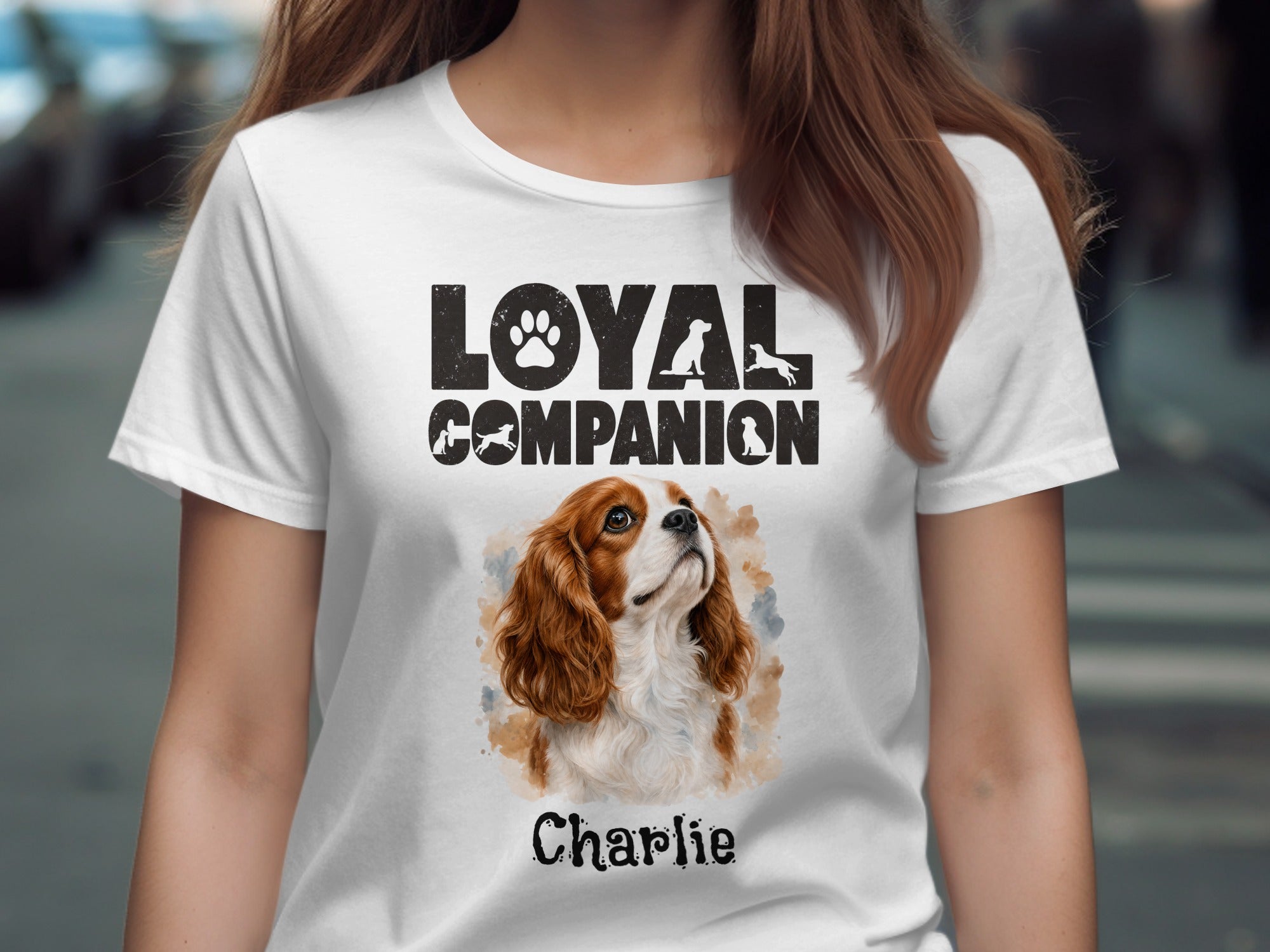 T-shirt with "Loyal Companion" text and a dog portrait with the name Charlie.
