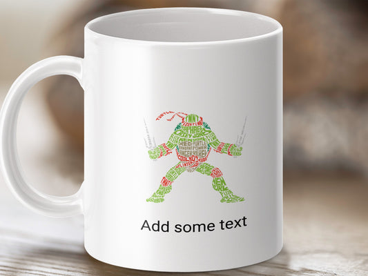 White mug with Teenage Mutant Ninja Turtle formed by text, "Add some text" below.