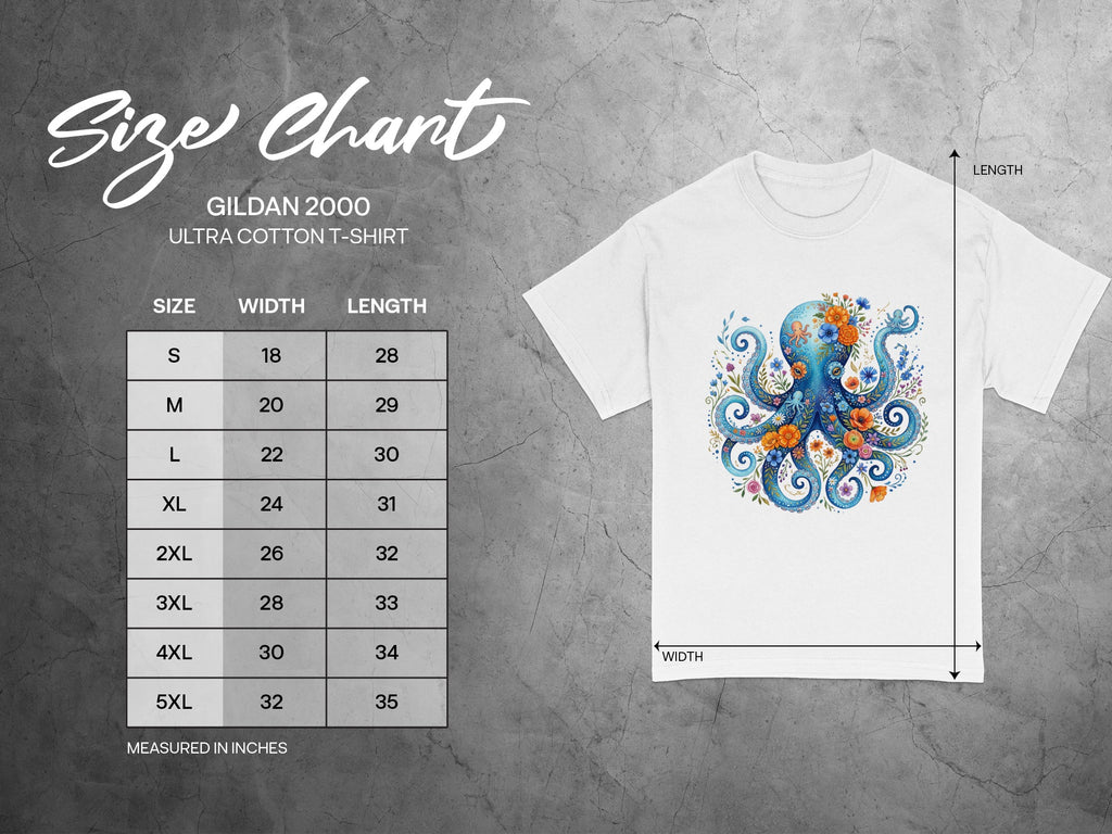 Gildan 2000 Ultra Cotton t-shirt size chart with width and length measurements in inches.