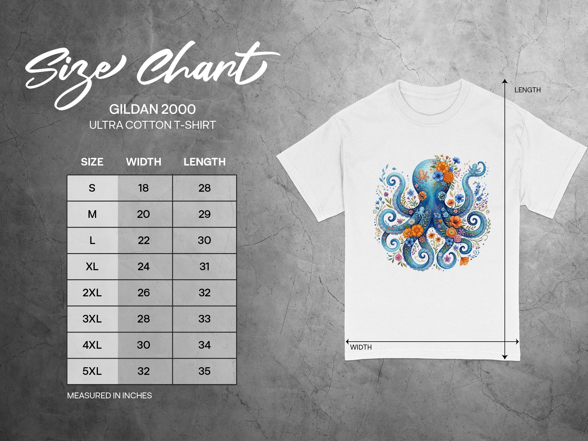 Gildan 2000 Ultra Cotton t-shirt size chart with width and length measurements in inches.