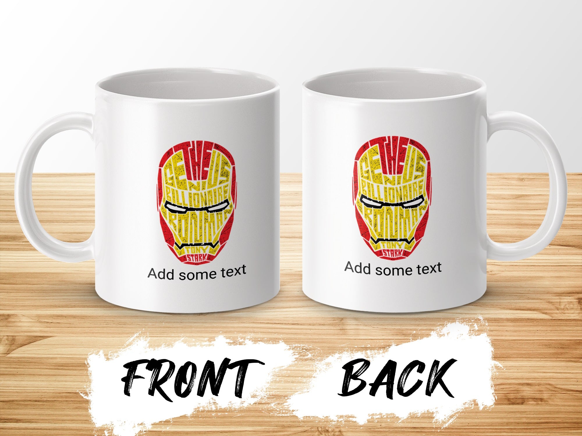 White mug with Iron Man mask design, "Tony Stark" text.