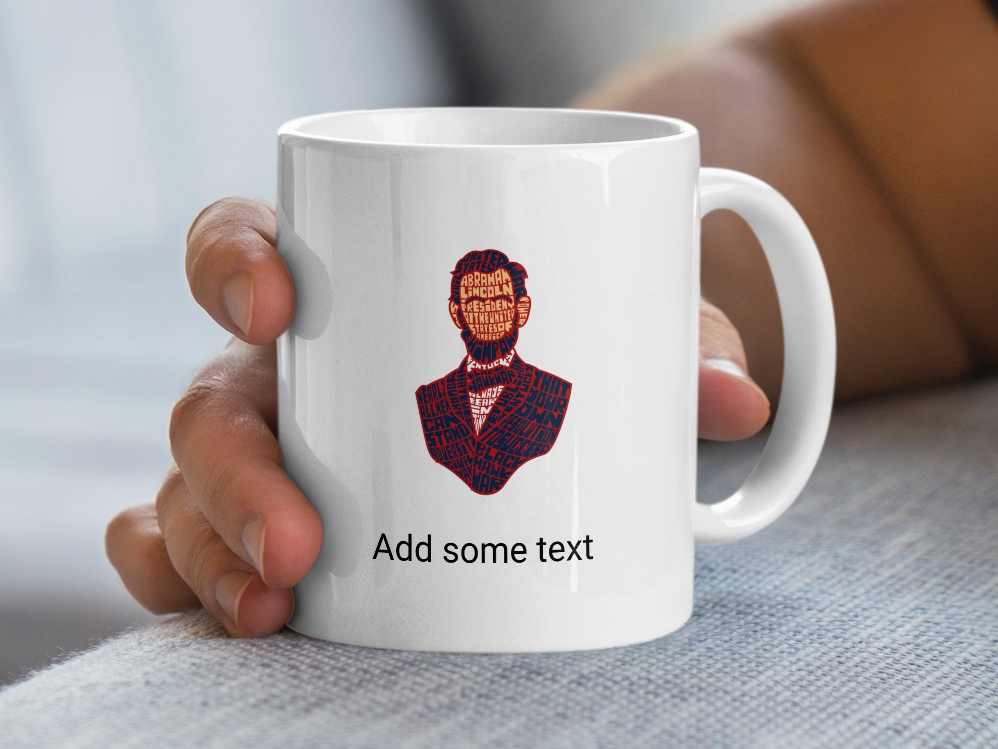 White mug with Abraham Lincoln portrait made of text, "Add some text".