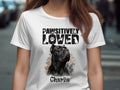 White t-shirt with "Pawsitively Loved" text and a black Cane Corso named Charlie.