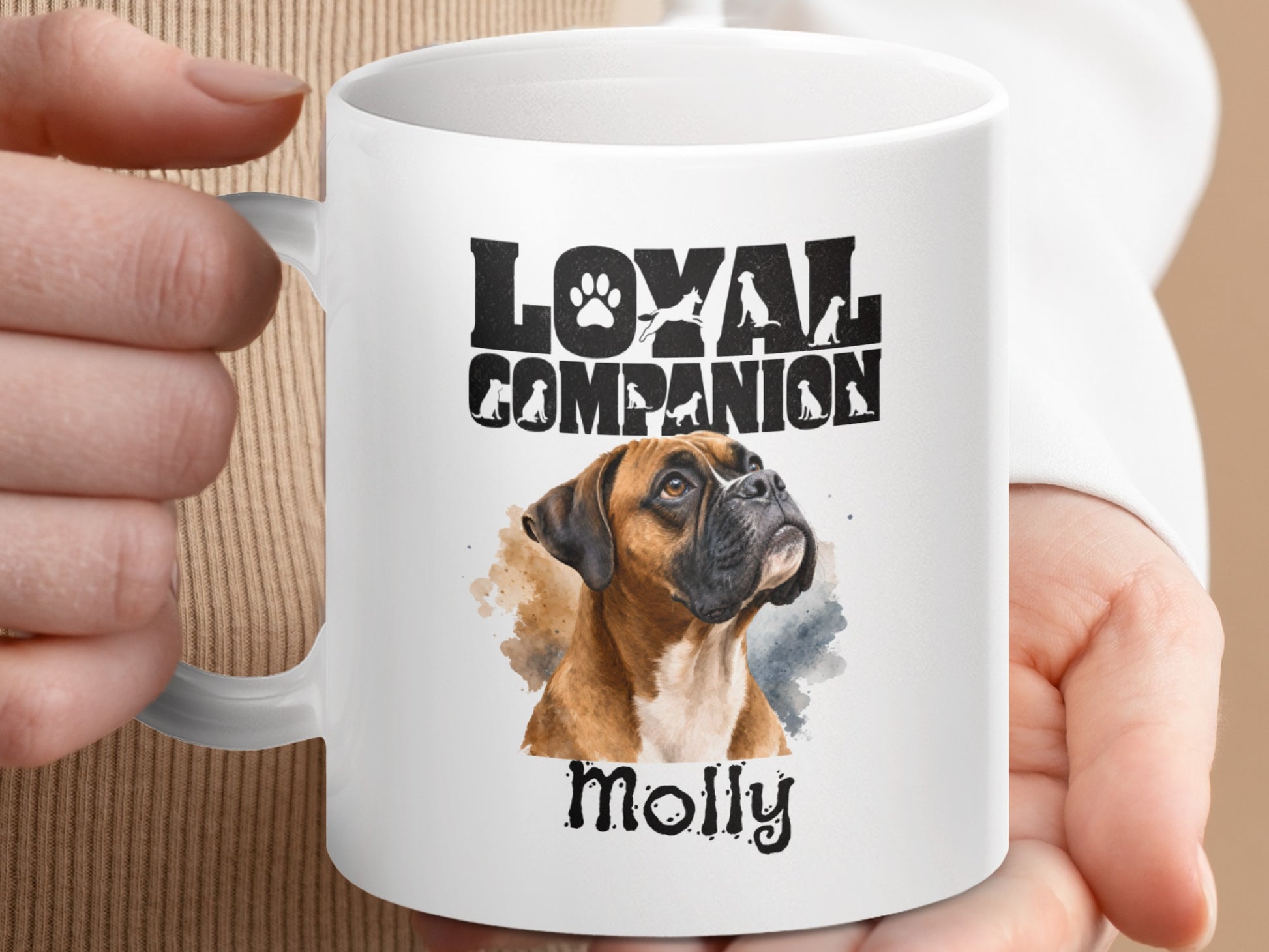 White mug with boxer dog portrait, "Loyal Companion" text, and name "Molly".
