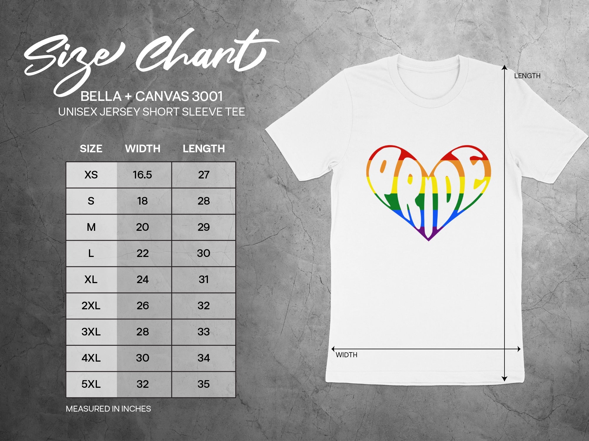 Size chart for Bella + Canvas 3001 unisex jersey tee with width and length measurements in inches.