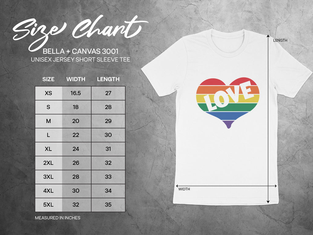Size chart with measurements for BELLA+CANVAS 3001 unisex jersey short sleeve tee.