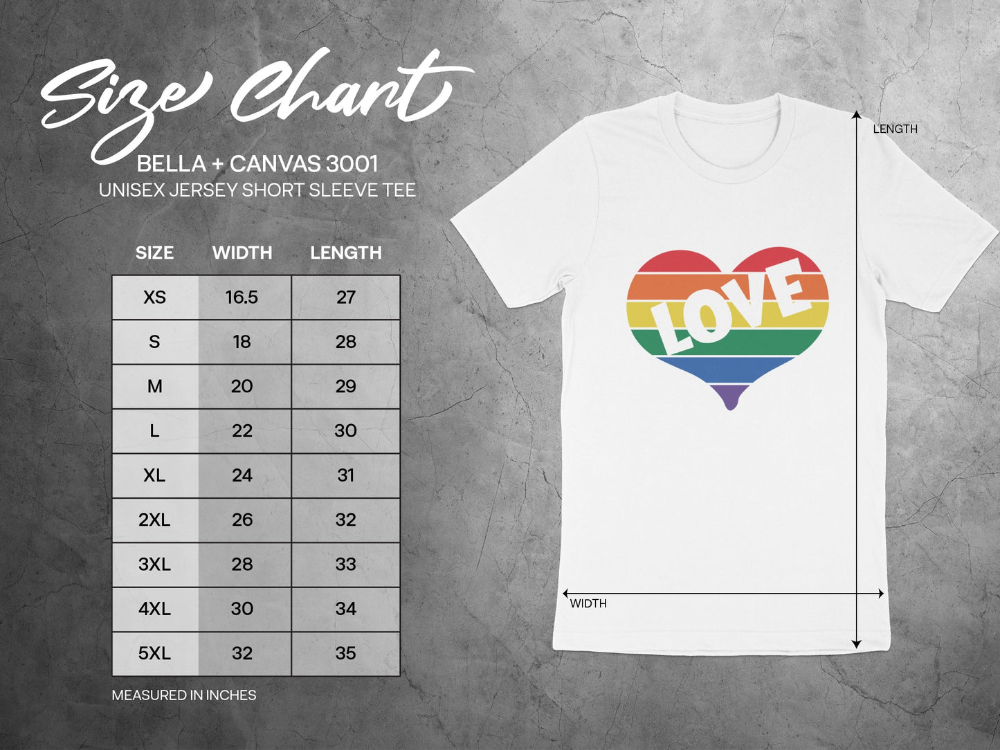 Size chart with measurements for BELLA+CANVAS 3001 unisex jersey short sleeve tee.