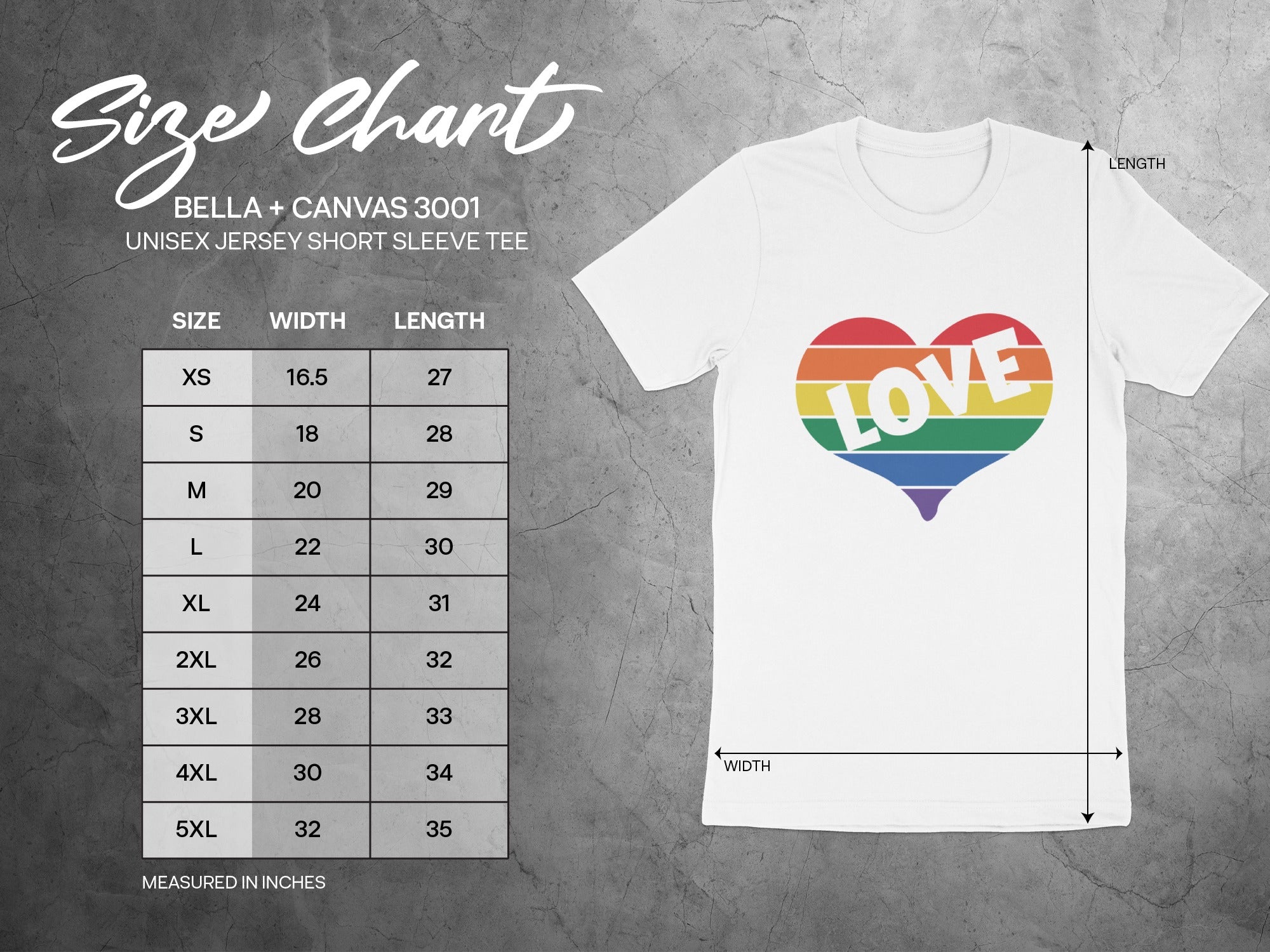 Size chart with measurements for BELLA+CANVAS 3001 unisex jersey short sleeve tee.