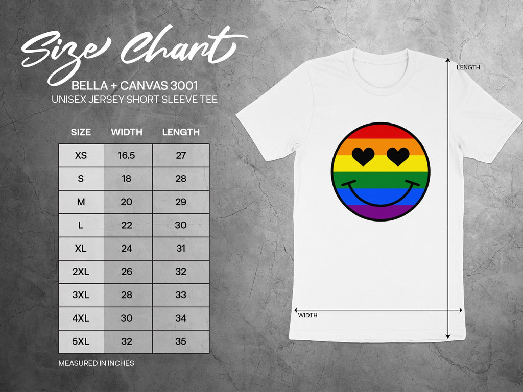 Size chart for Bella + Canvas 3001 unisex tee with rainbow smiley face.