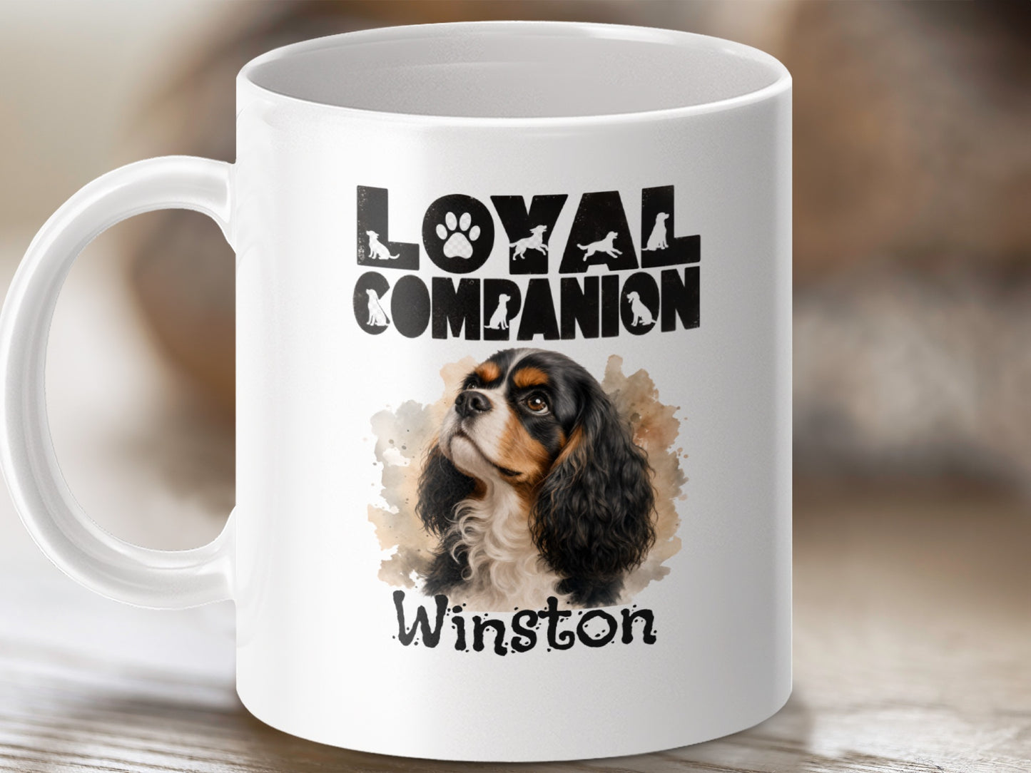 White mug with watercolor Cavalier King Charles Spaniel, "Loyal Companion," and "Winston."