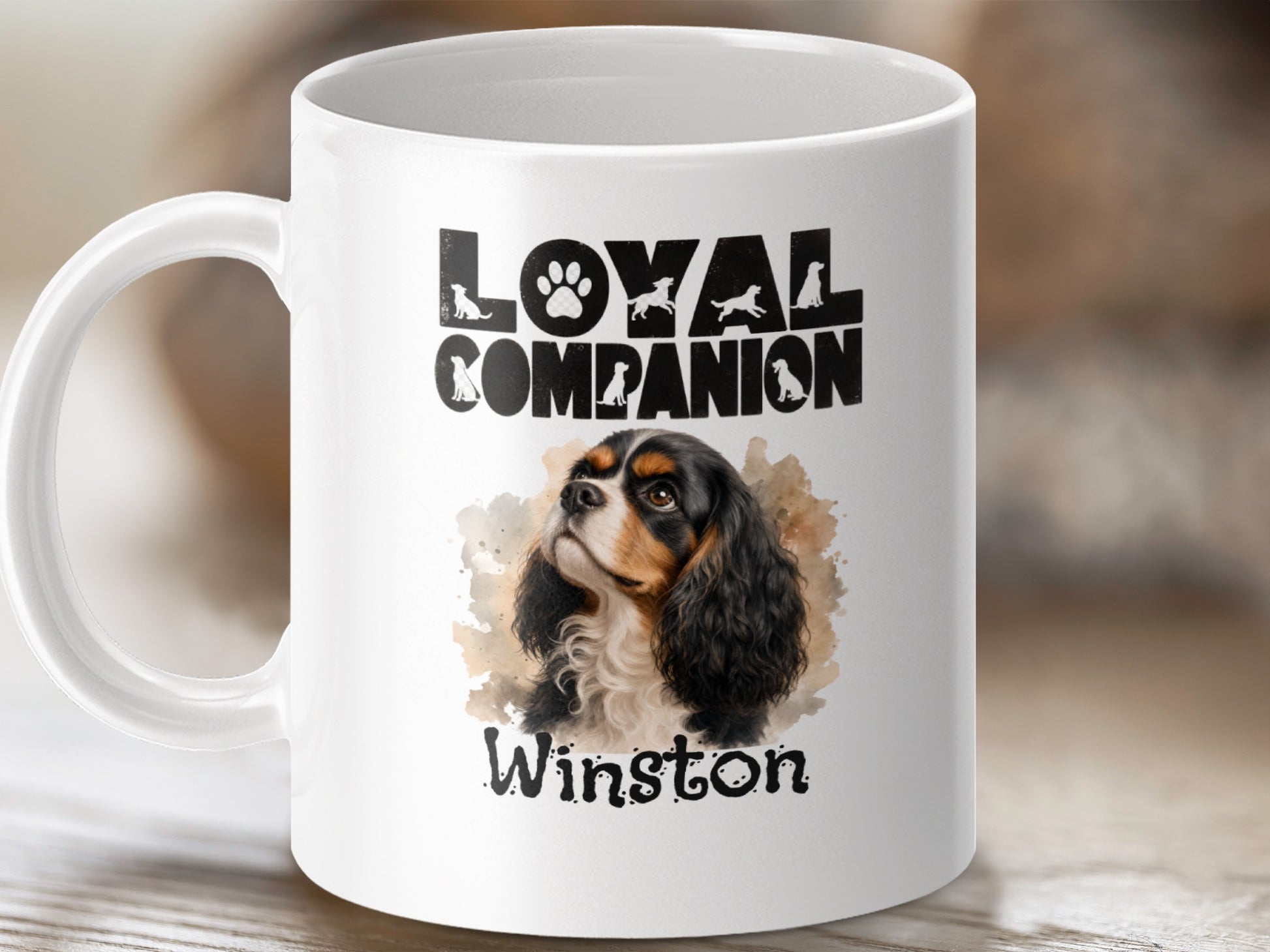 White mug with watercolor Cavalier King Charles Spaniel, "Loyal Companion," and "Winston."