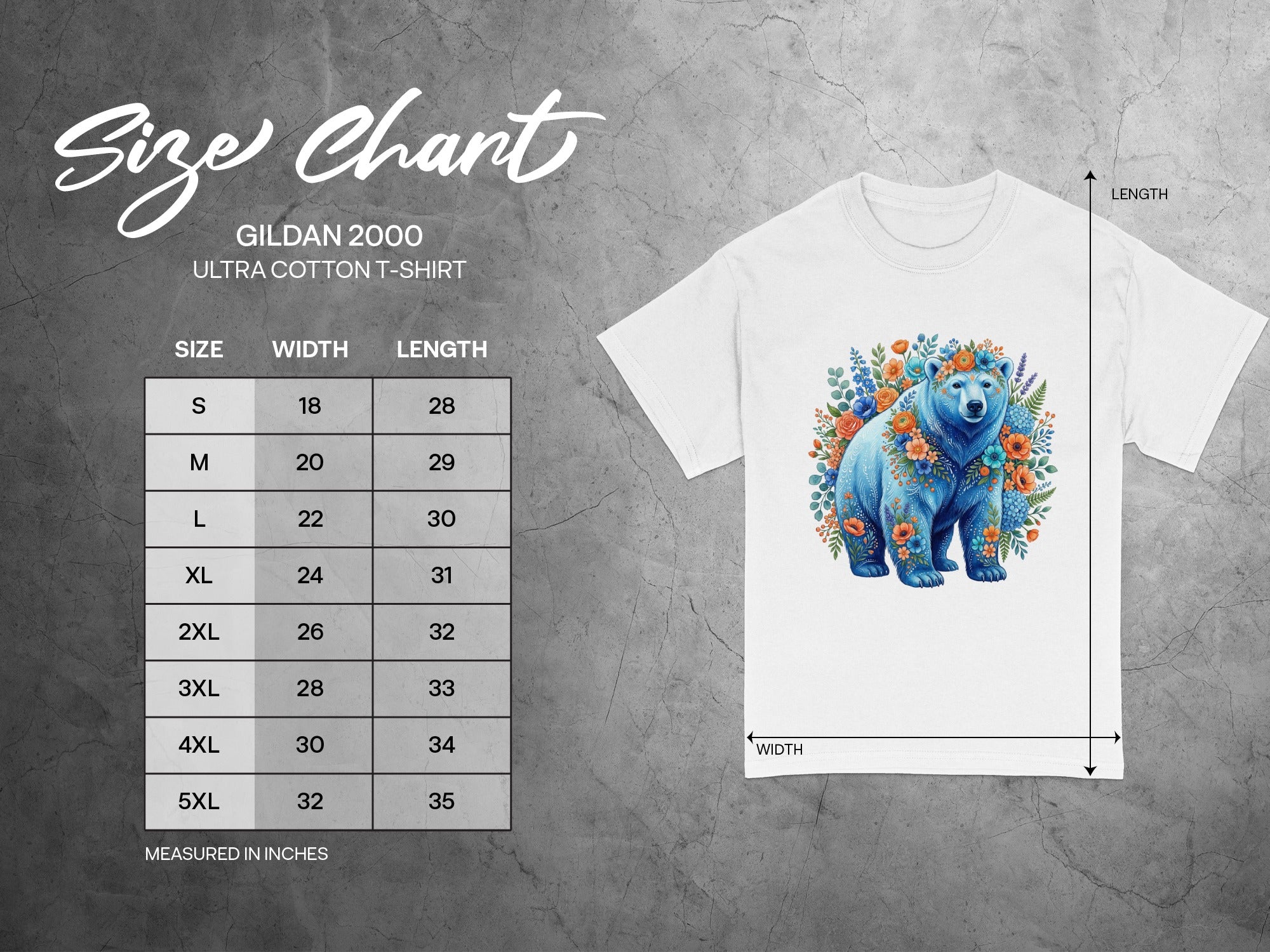 Gildan 2000 t-shirt size chart with width and length in inches.