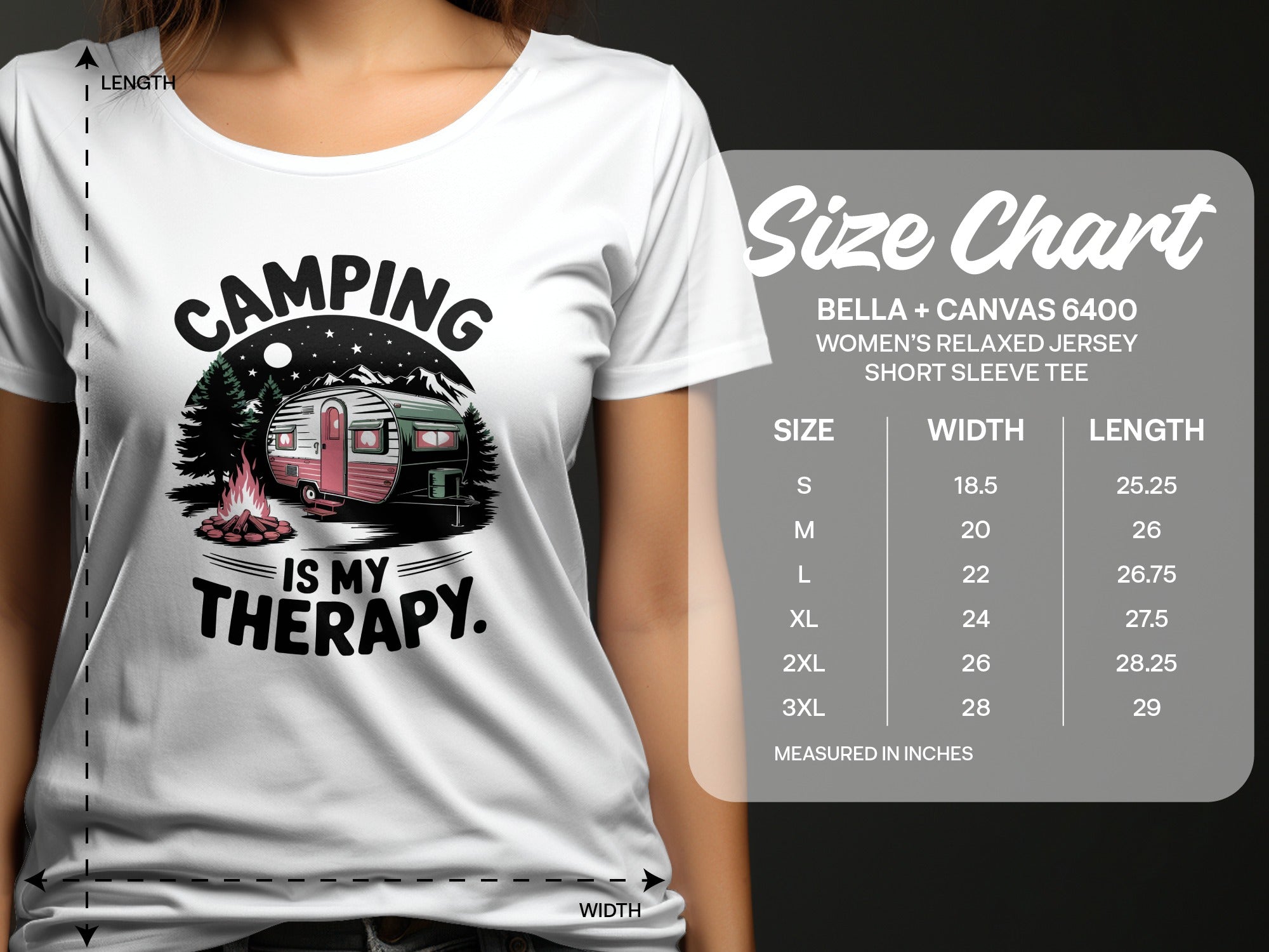 Women's t-shirt with "Camping is my therapy" graphic and size chart.