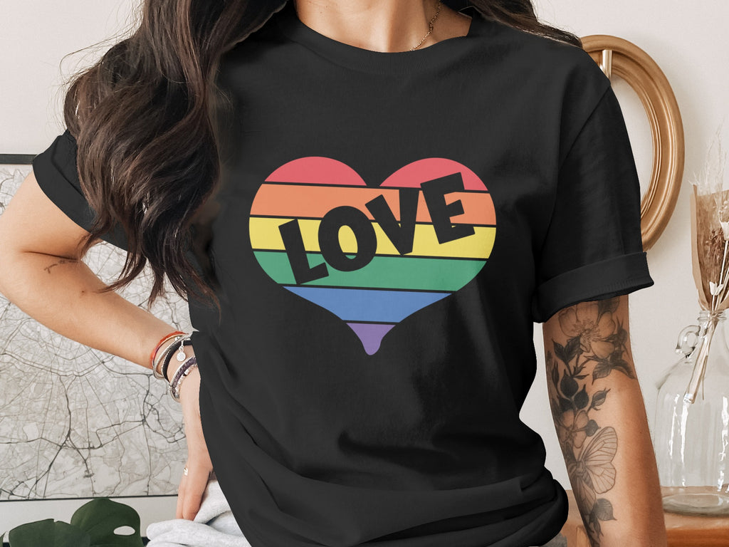 Black t-shirt with a rainbow heart graphic and the word LOVE.