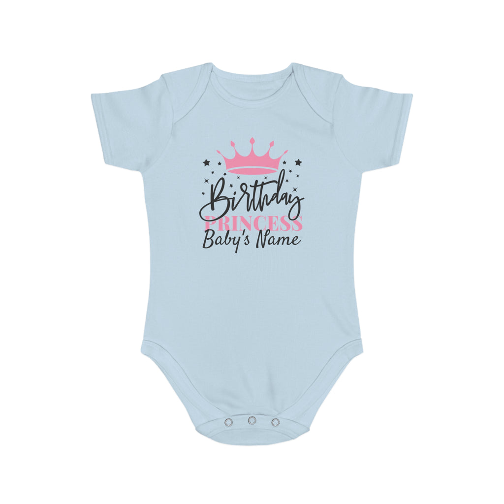 Light blue baby bodysuit with "Birthday Princess" and crown graphic.