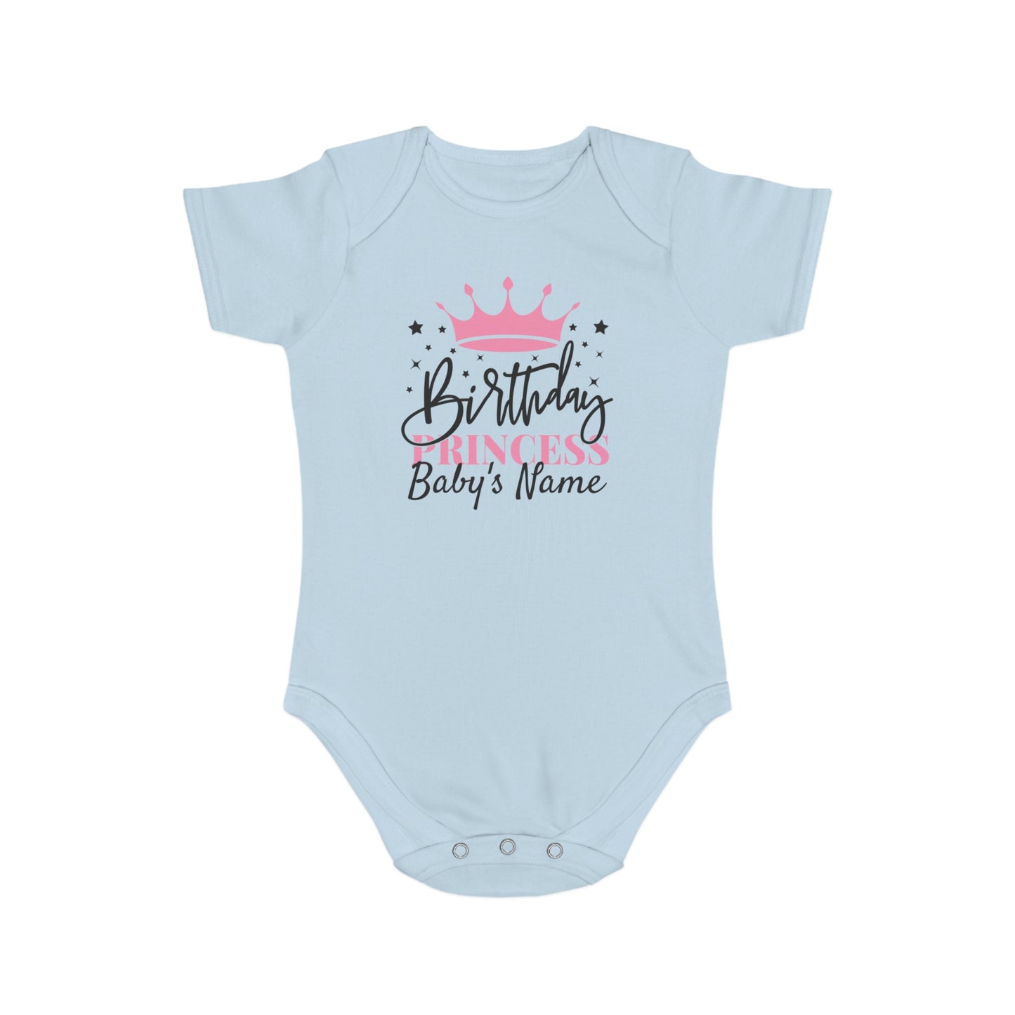Light blue baby bodysuit with "Birthday Princess" and crown graphic.