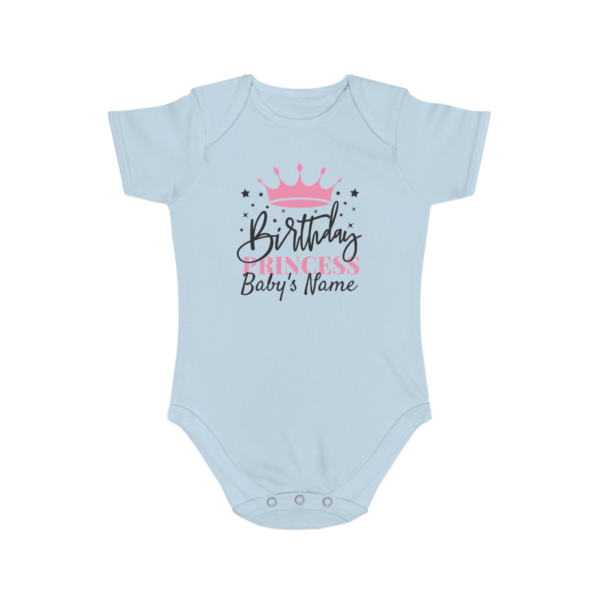 Light blue baby bodysuit with "Birthday Princess" and crown graphic.