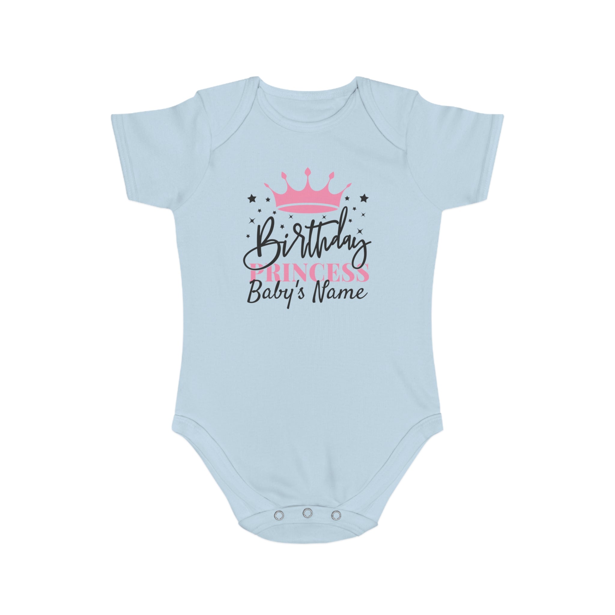 Light blue baby bodysuit with "Birthday Princess" and crown graphic.