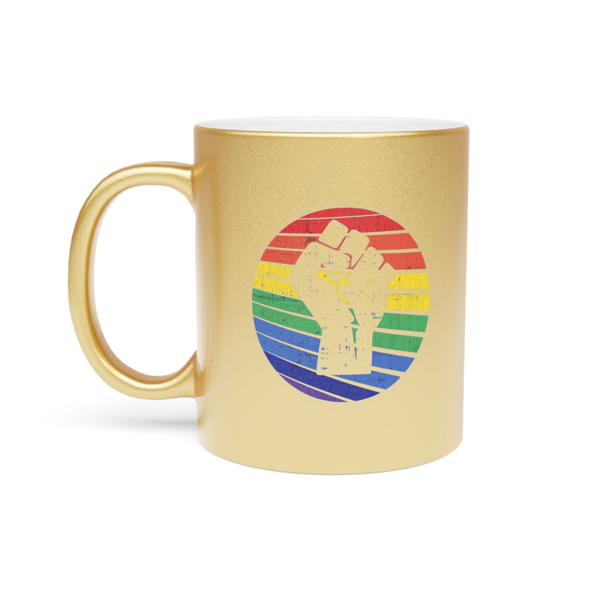 Gold mug with a distressed rainbow circle featuring a raised fist emblem.