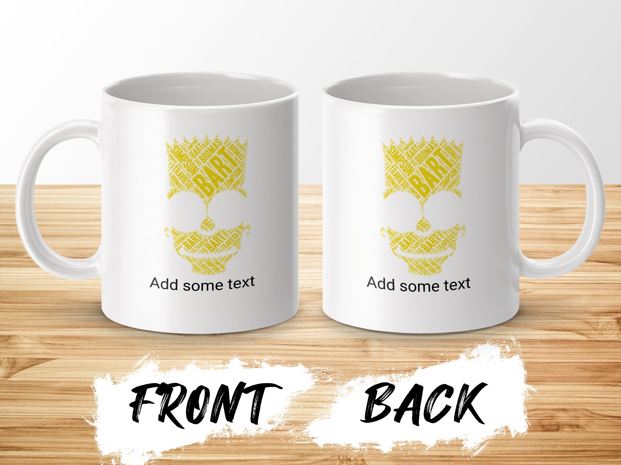 White mug featuring Bart Simpson silhouette made of text, front and back views.