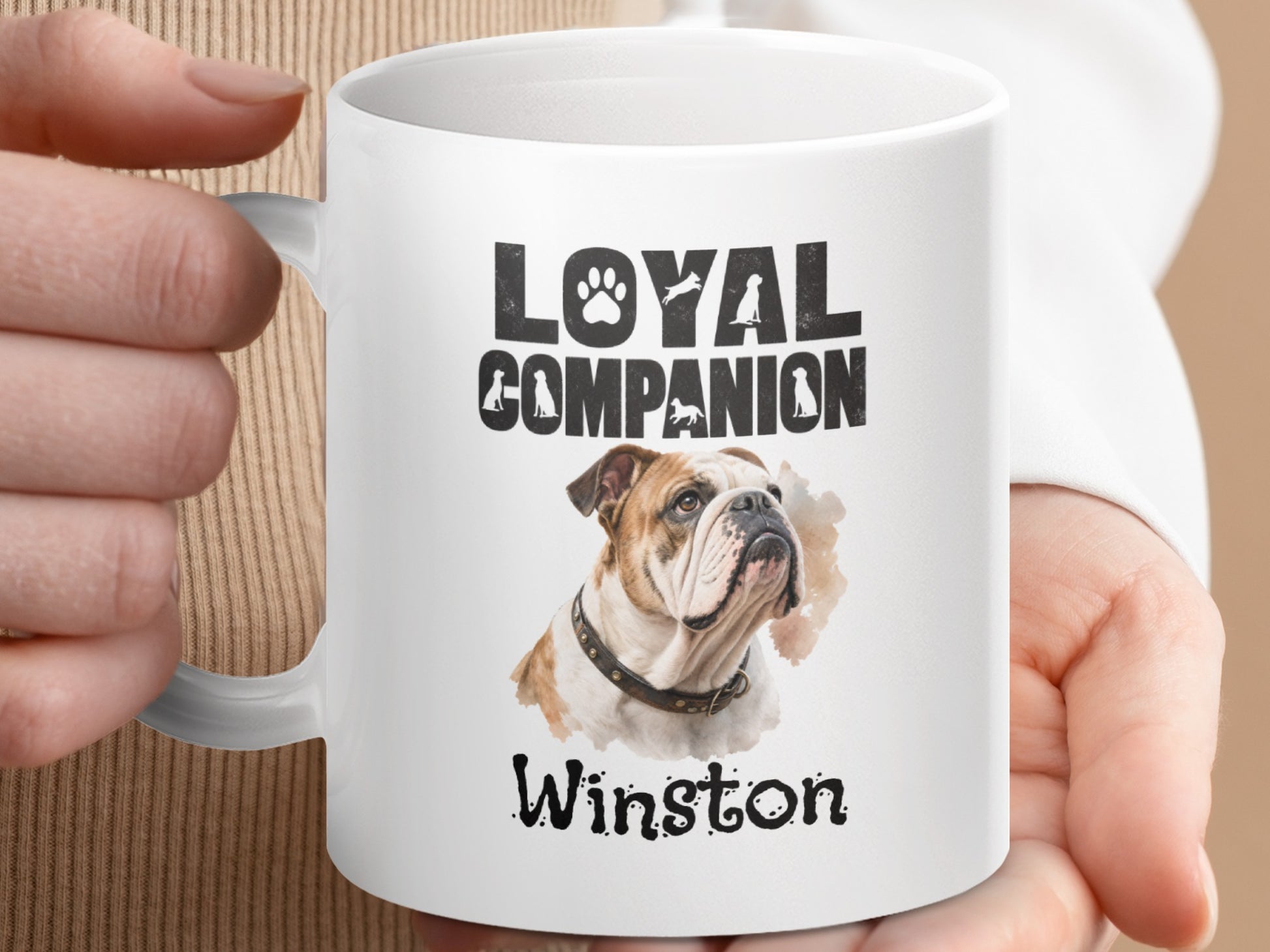 White mug with bulldog illustration, text "LOYAL COMPANION" and "Winston".