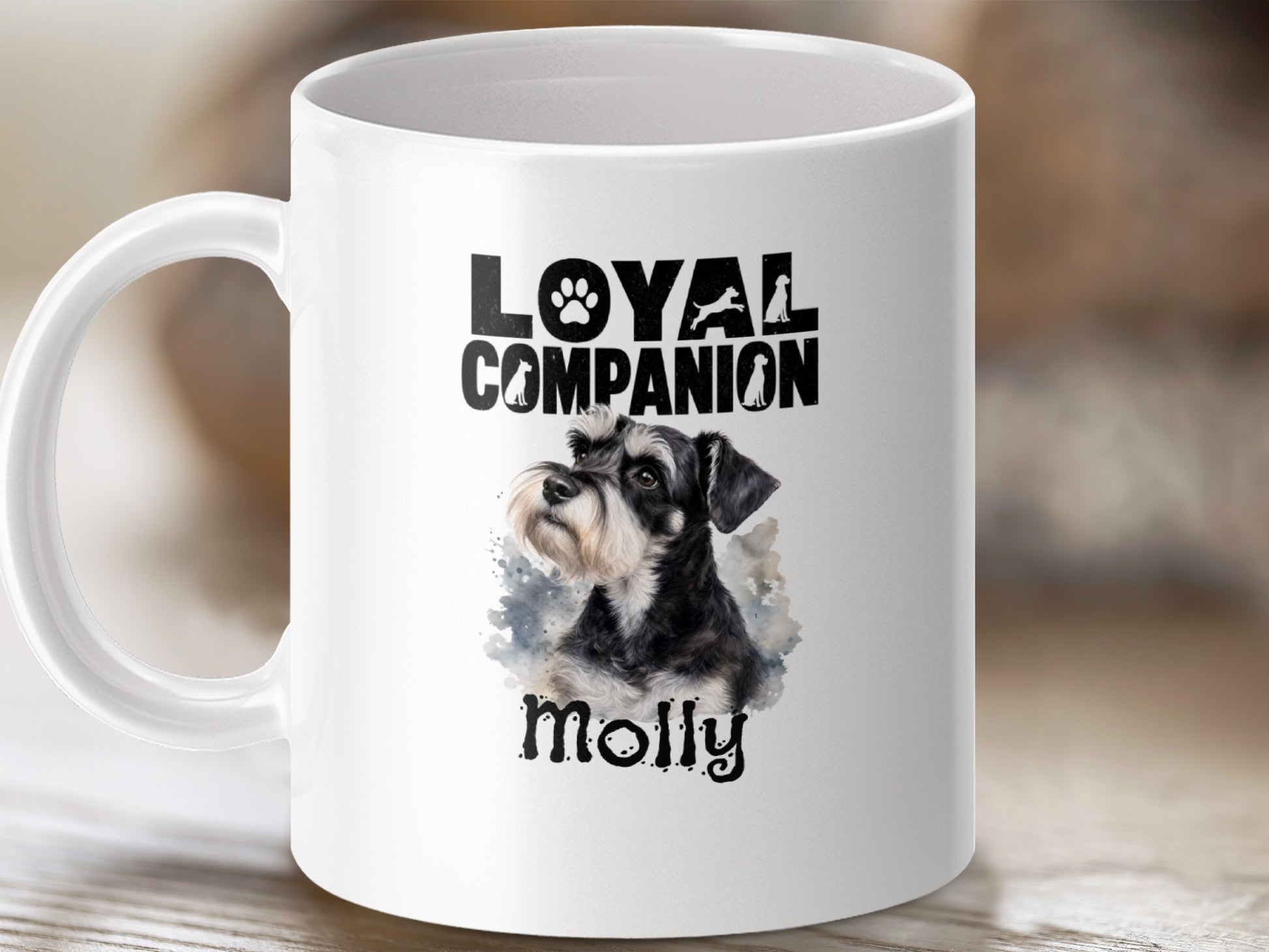 White mug with "Loyal Companion" text and a Miniature Schnauzer portrait named Molly.