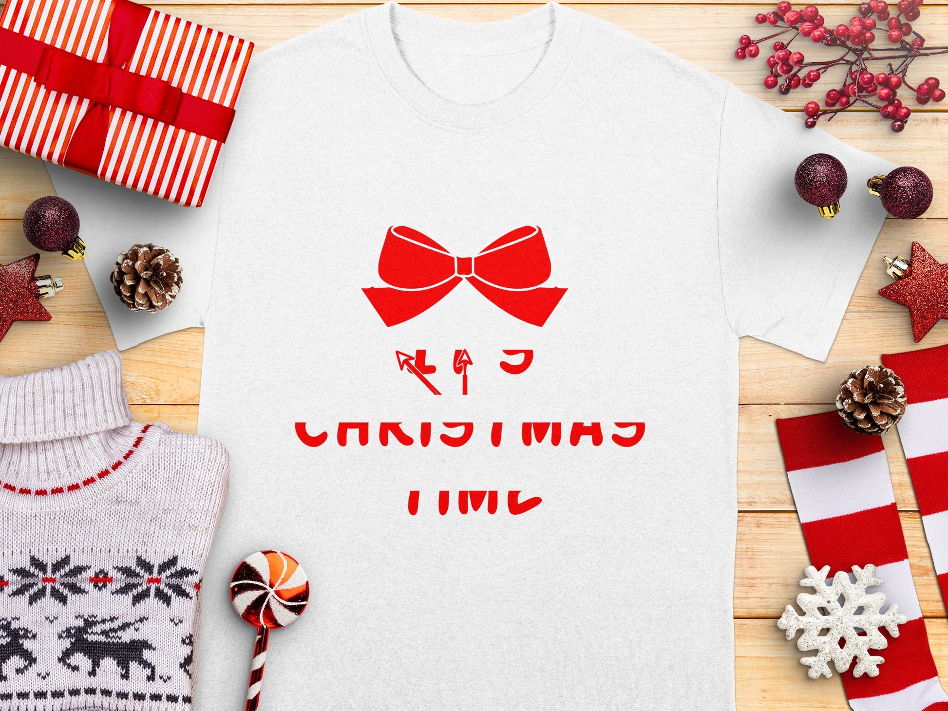 Christmas Time Red Bow T-Shirt for Festive Celebrations