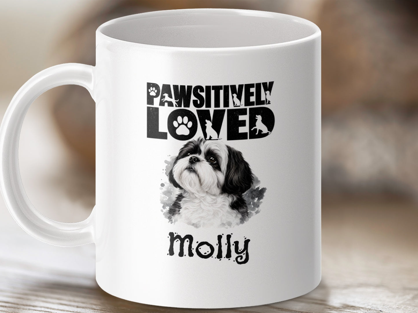 White mug with a Shih Tzu dog illustration, text "Pawsitively Loved", and name "Molly".