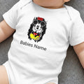 White baby onesie with Mickey Mouse graphic and "Babies Name" text.