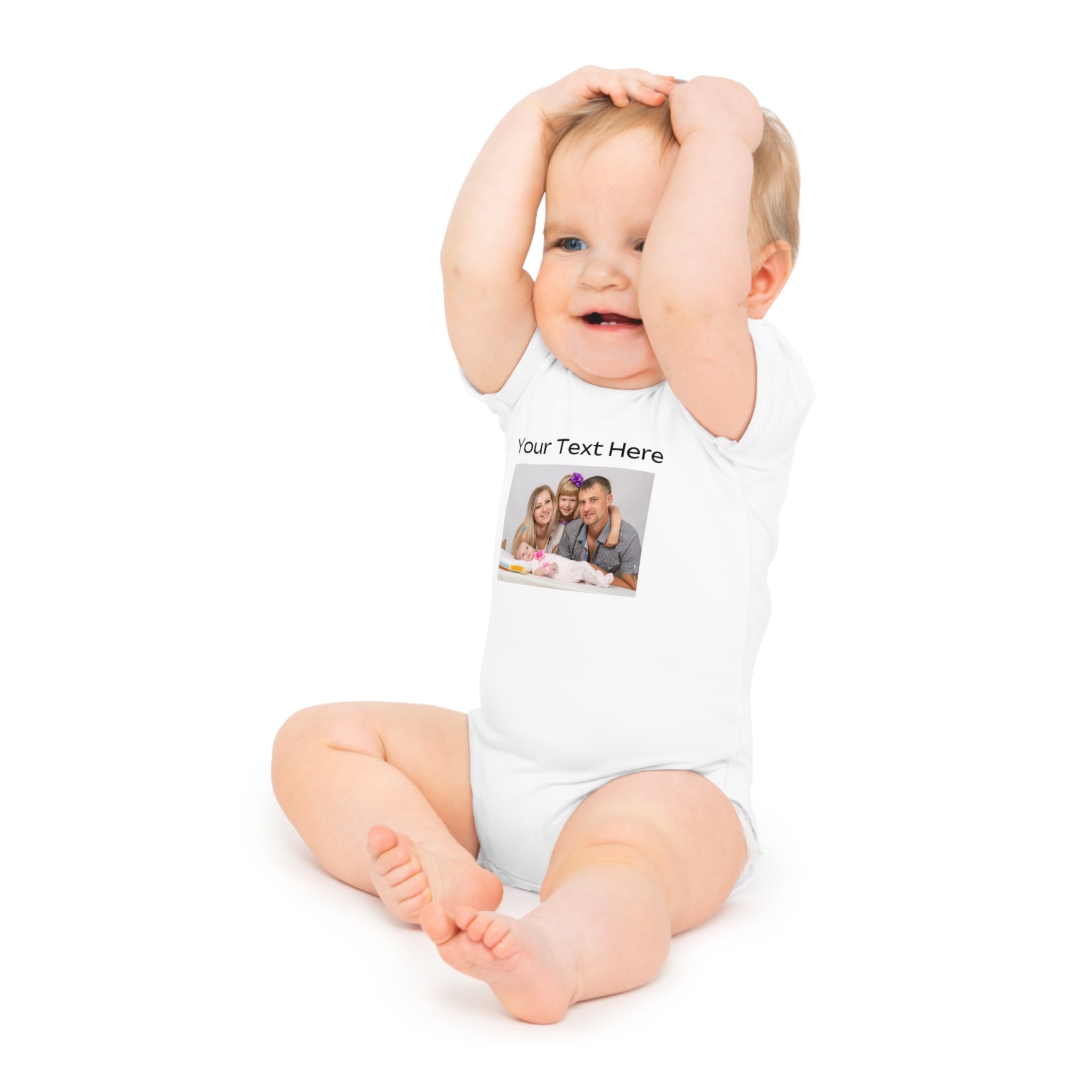 White baby onesie with a family photo and "Your Text Here".
