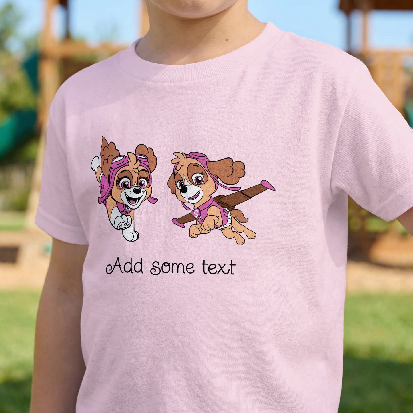 Paw Patrol Skye characters on pink t-shirt with "Add some text" below