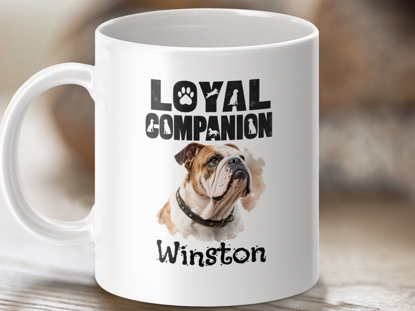 Mug with bulldog portrait, "Loyal Companion," and name "Winston."