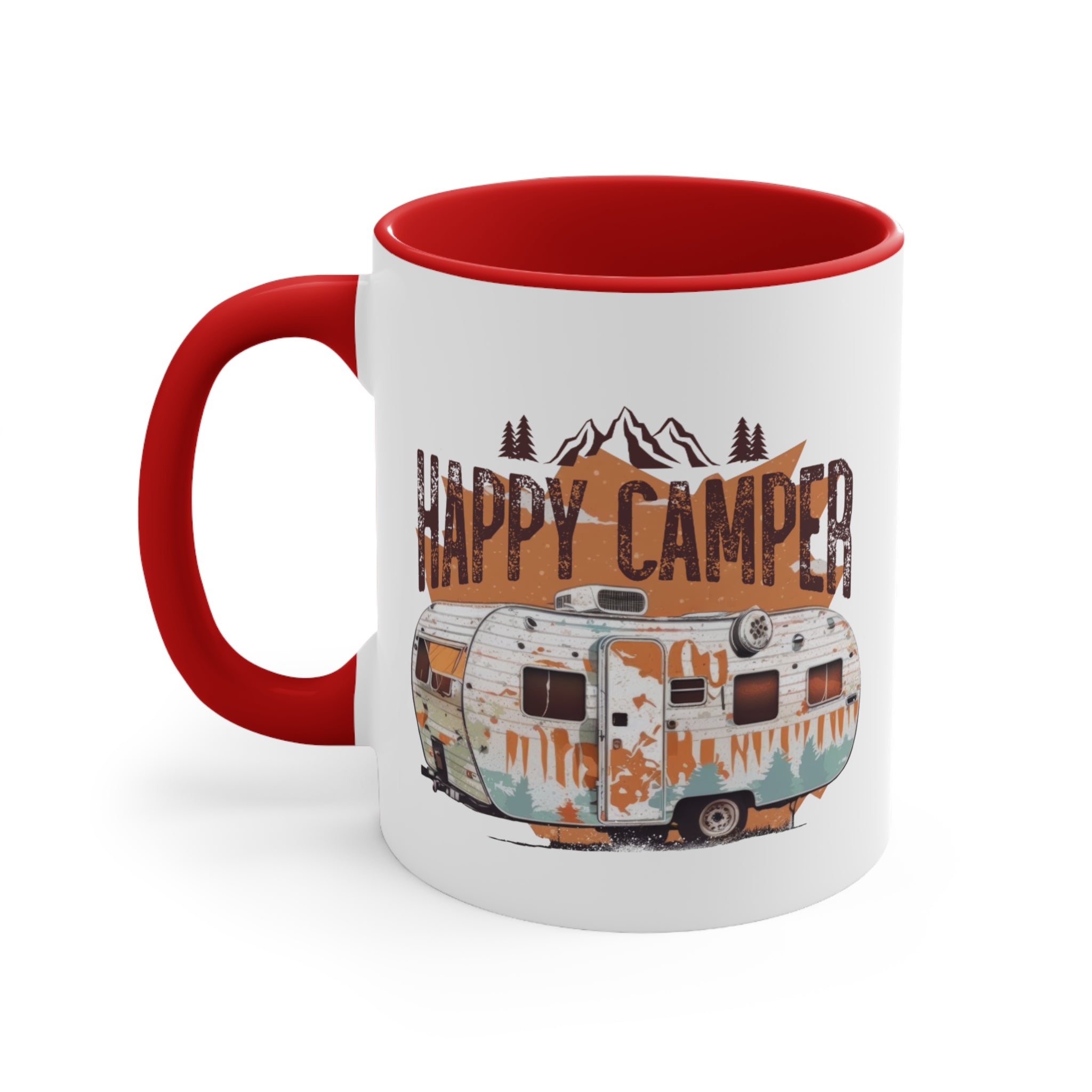 White mug with red handle, featuring a vintage camper and "Happy Camper" text.