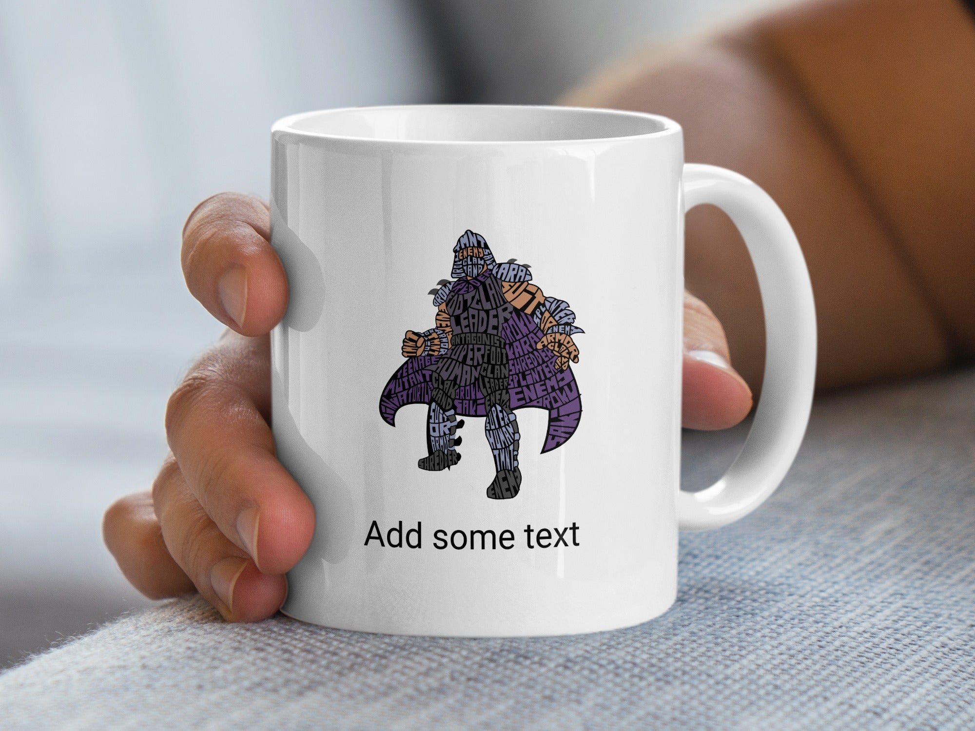 White mug with Shredder graphic and "Add some text" placeholder.