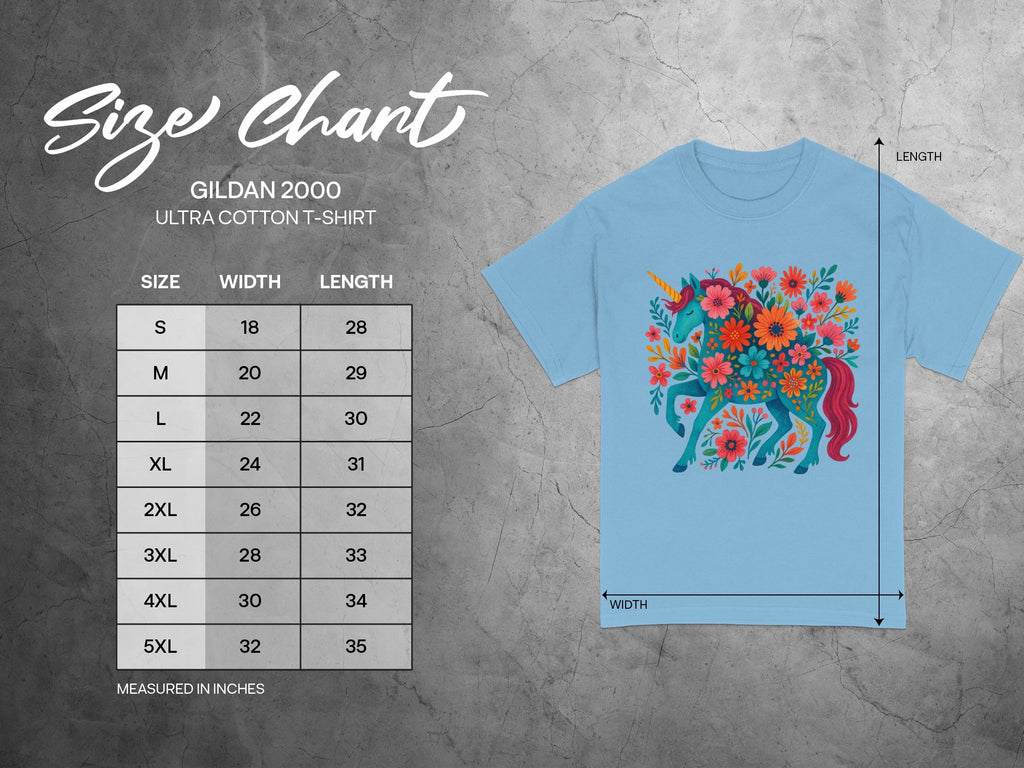Gildan 2000 Ultra Cotton t-shirt size chart with unicorn graphic.