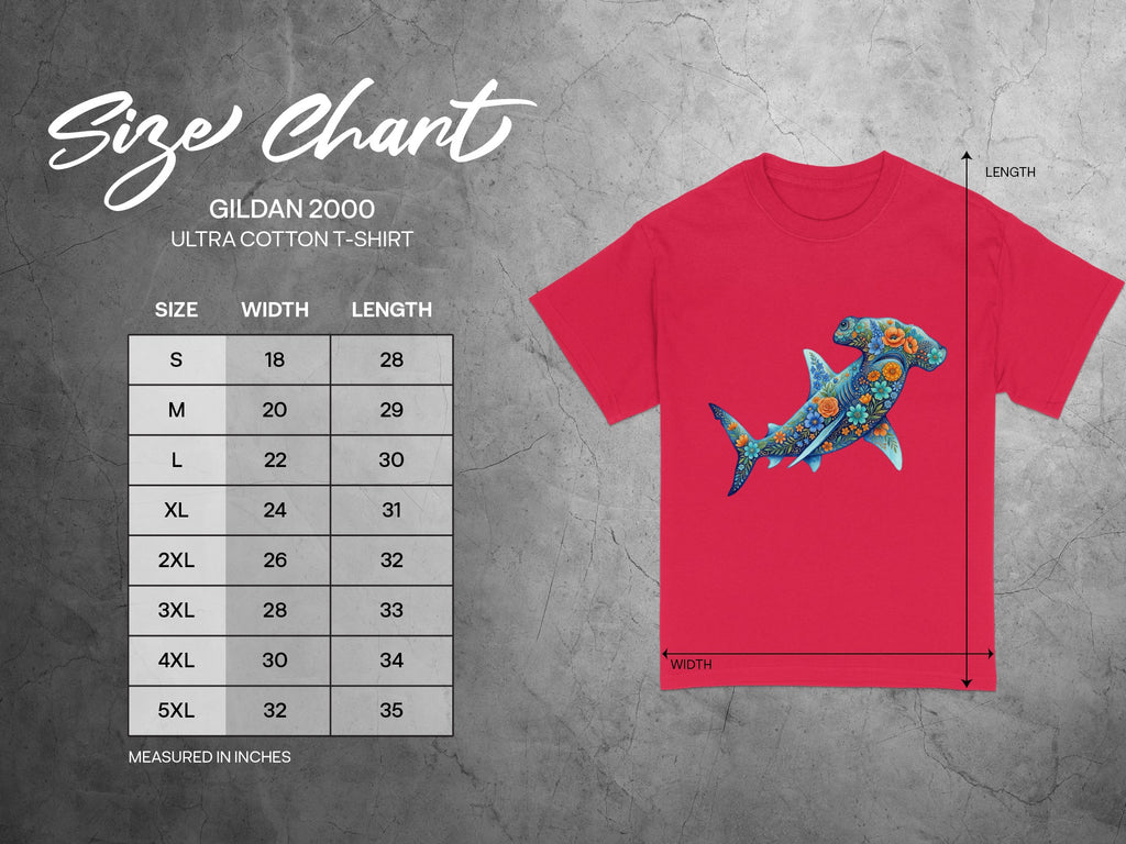 Gildan 2000 Ultra Cotton T-shirt size chart with dimensions in inches.