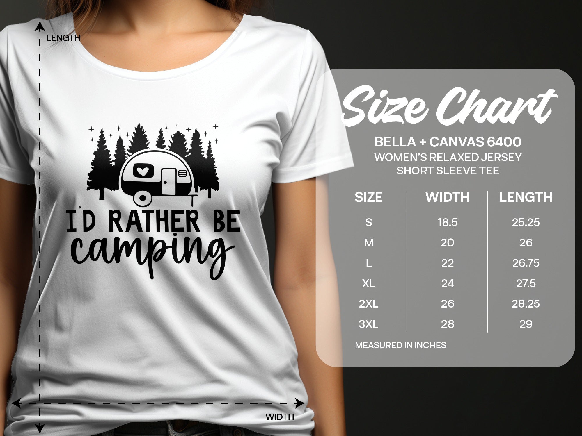 White t-shirt with "I'D RATHER BE camping" graphic and size chart.