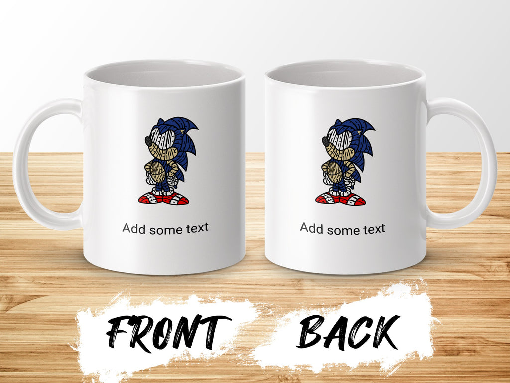 White mug with Sonic the Hedgehog design, "Add some text" overlay.