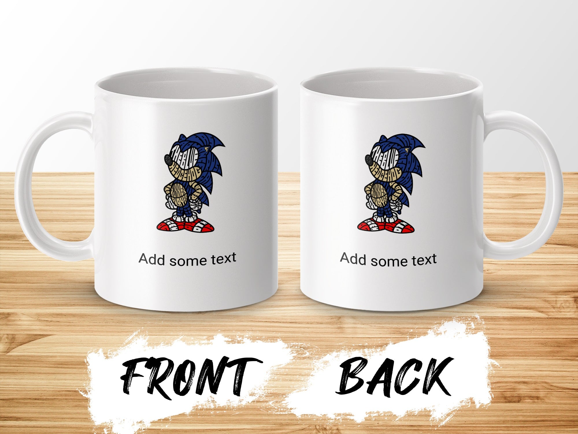 White mug with Sonic the Hedgehog design, "Add some text" overlay.