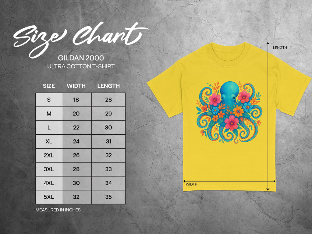 Gildan 2000 Ultra Cotton T-shirt size chart with measurements in inches.