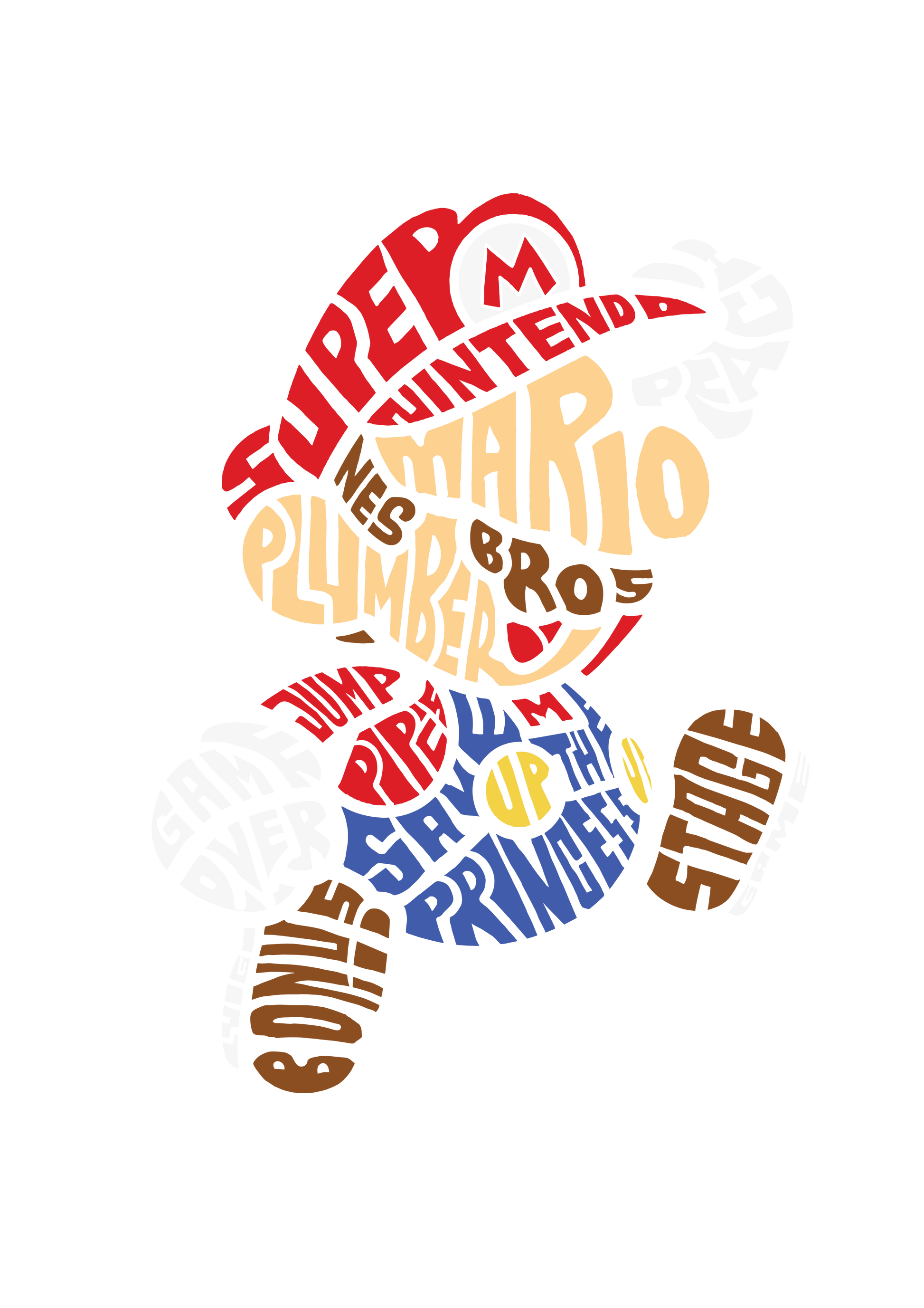 Mario Bros. made of words: Super Nintendo, Jump, Save the Princess, Game Over, Stage, Bond.