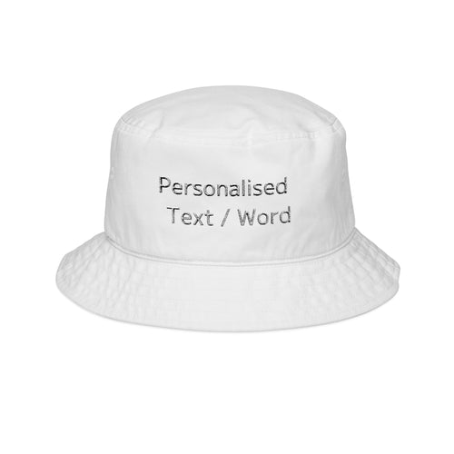 White bucket hat with a textured "Personalised Text / Word" print.