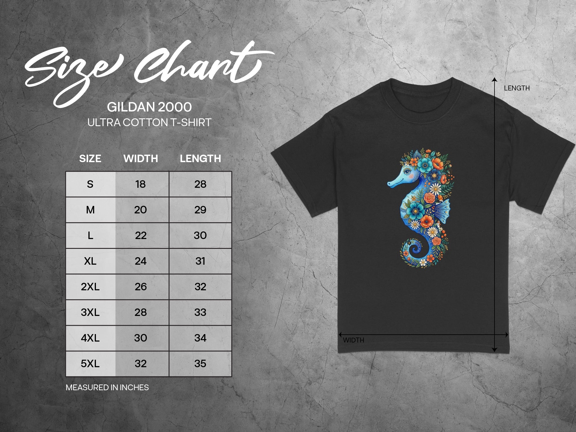 Gildan 2000 Ultra Cotton t-shirt size chart with floral seahorse graphic.